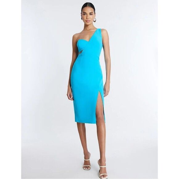 BCBGMaxazria Blue One Shoulder Side Cutout Dress Size 0 Homecoming Glam NEW $348 - Picture 1 of 8